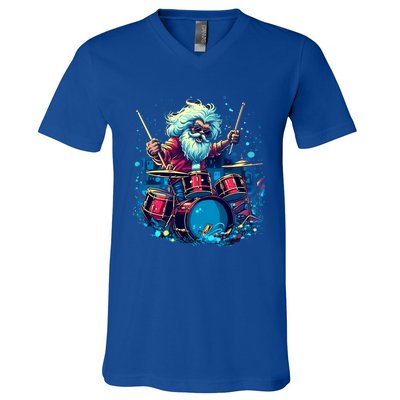 Rocker Drumming Santa Claus Drummer Gift V-Neck T-Shirt