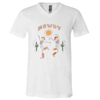 Retro Desert Skeleton Dancing Cow Boots Hat Howdy Western V-Neck T-Shirt