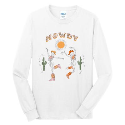 Retro Desert Skeleton Dancing Cow Boots Hat Howdy Western Tall Long Sleeve T-Shirt