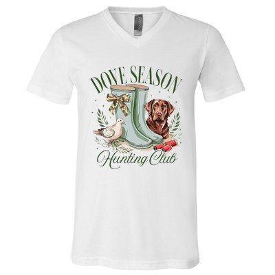 Retro Dove Season Hunting Club Camo Coquette Bow With Dog V-Neck T-Shirt