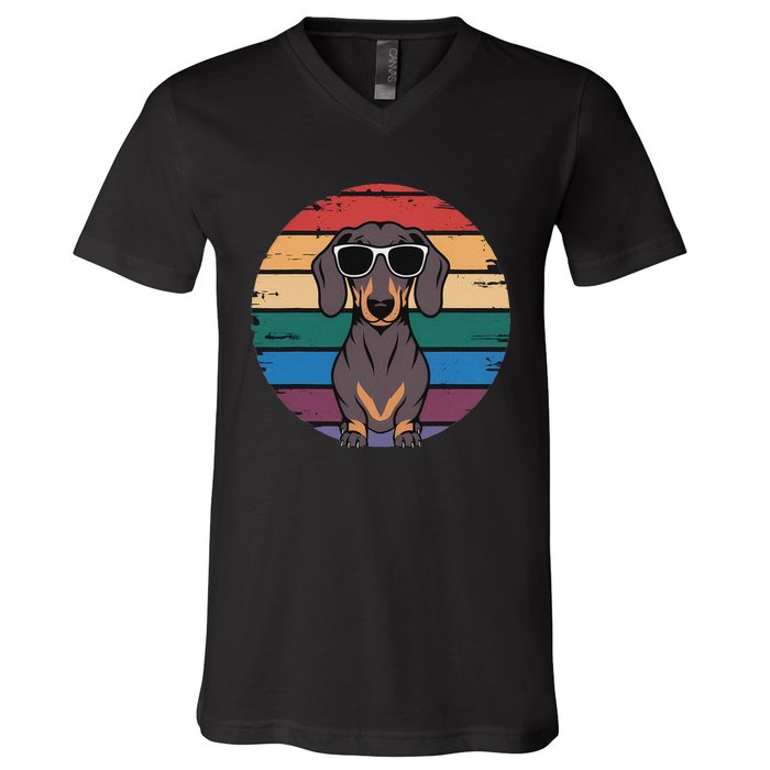 Retro Dachshund Sunset V-Neck T-Shirt