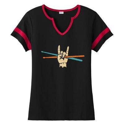 Retro Drum Sticks Art Percussion Drum Player Ladies Halftime Notch Neck Tee