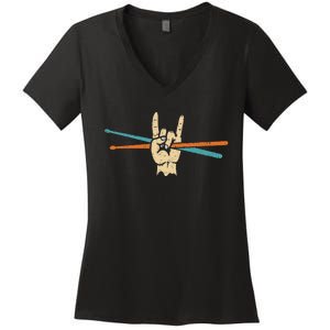 Retro Drum Sticks Art Percussion Drum Player Women's V-Neck T-Shirt