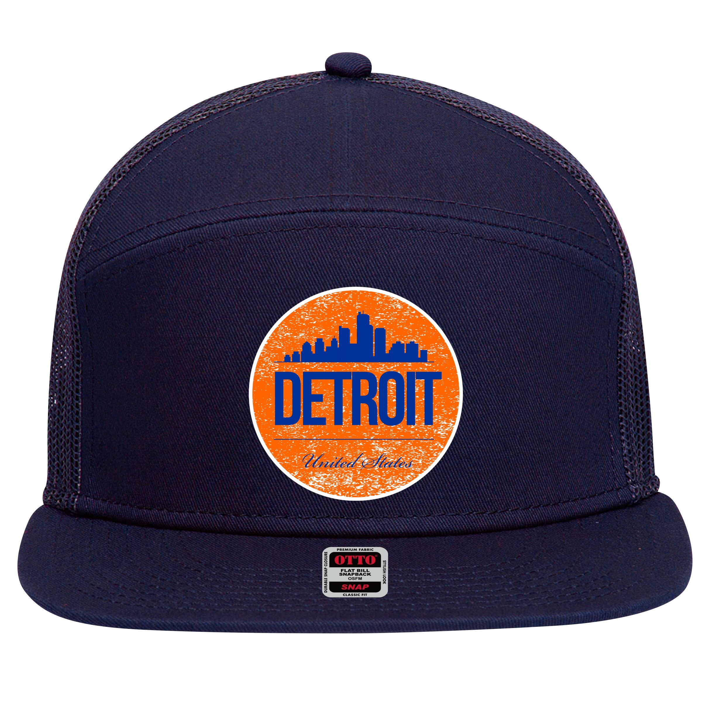 Retro Detroit Skyline Logo 7 Panel Mesh Trucker Snapback Hat