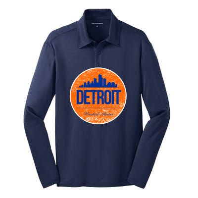 Retro Detroit Skyline Logo Silk Touch Performance Long Sleeve Polo