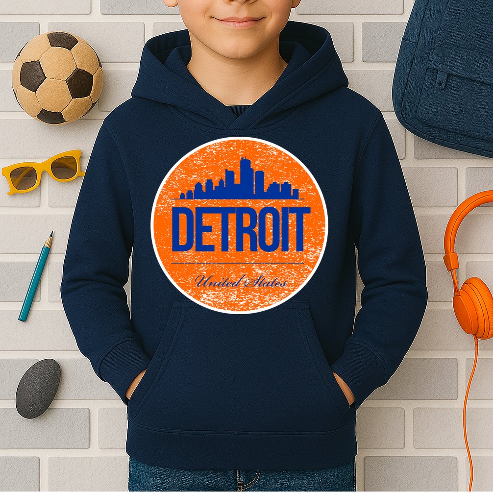 Retro Detroit Skyline Logo Kids Hoodie