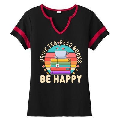 Retro Drink Tea Read Books Be Happy Ladies Halftime Notch Neck Tee