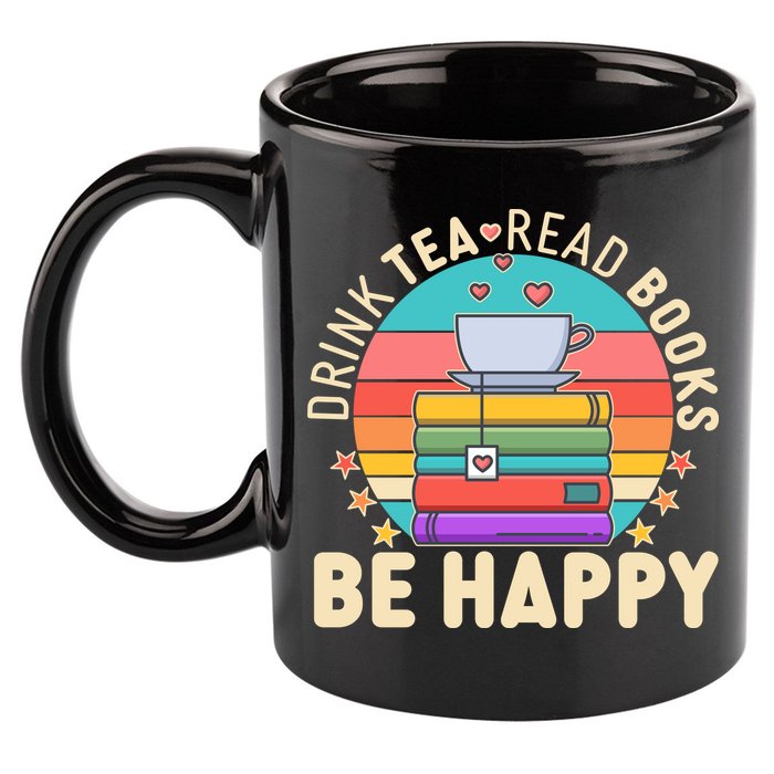 Retro Drink Tea Read Books Be Happy 11oz C Handle Ceramic Mug
