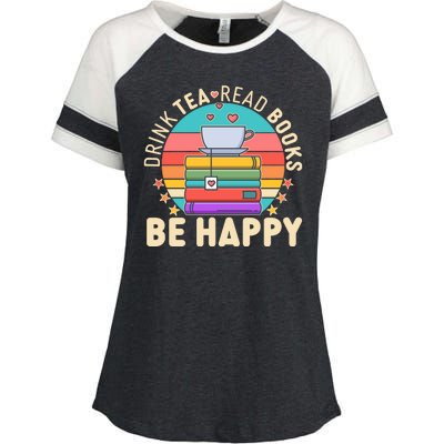 Retro Drink Tea Read Books Be Happy Enza Ladies Jersey Colorblock Tee