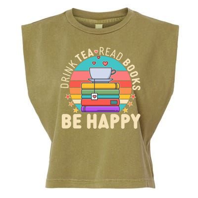 Retro Drink Tea Read Books Be Happy Garment-Dyed Women's Muscle Tee