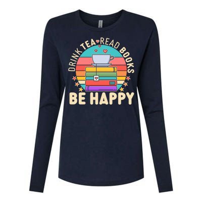 Retro Drink Tea Read Books Be Happy Womens Cotton Relaxed Long Sleeve T-Shirt