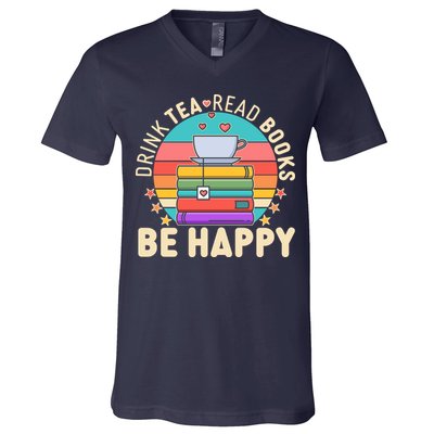Retro Drink Tea Read Books Be Happy V-Neck T-Shirt