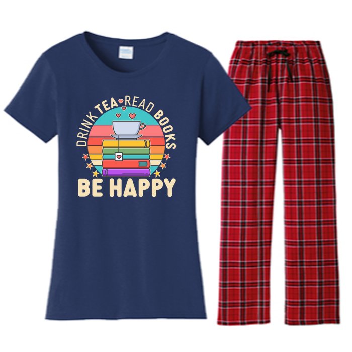 Retro Drink Tea Read Books Be Happy Women's Flannel Pajama Set