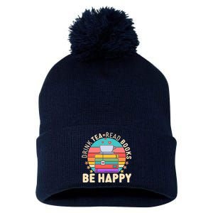 Retro Drink Tea Read Books Be Happy Pom Pom 12in Knit Beanie