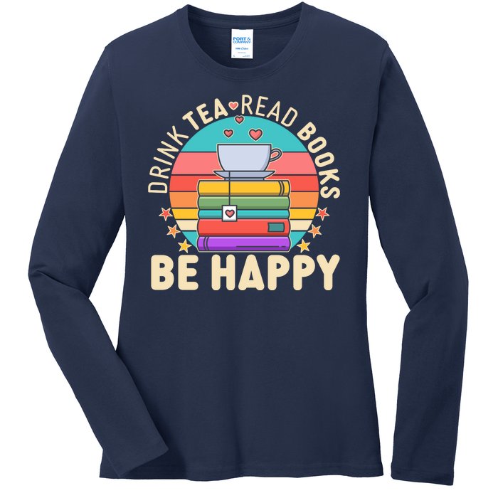 Retro Drink Tea Read Books Be Happy Ladies Long Sleeve Shirt