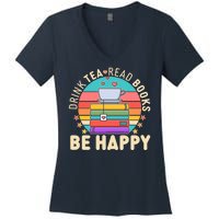 Retro Drink Tea Read Books Be Happy Women's V-Neck T-Shirt