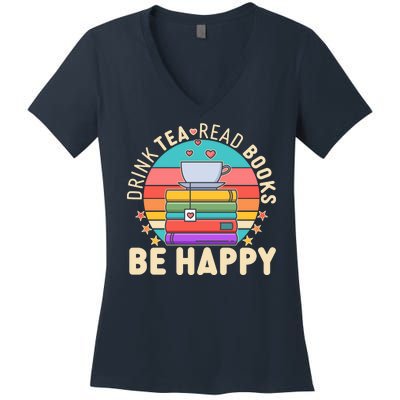 Retro Drink Tea Read Books Be Happy Women's V-Neck T-Shirt