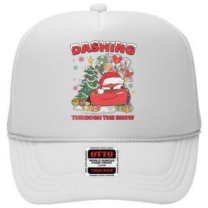 Retro Dashing Through The Snow Lightning Mcqueen Christmas High Crown Mesh Back Trucker Hat