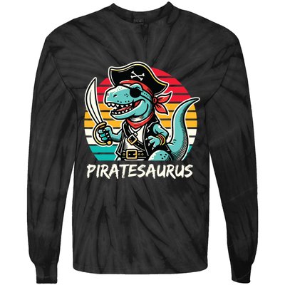 Retro Dinosaur T Rex Pirate Costume Piratesaurus Tie-Dye Long Sleeve Shirt