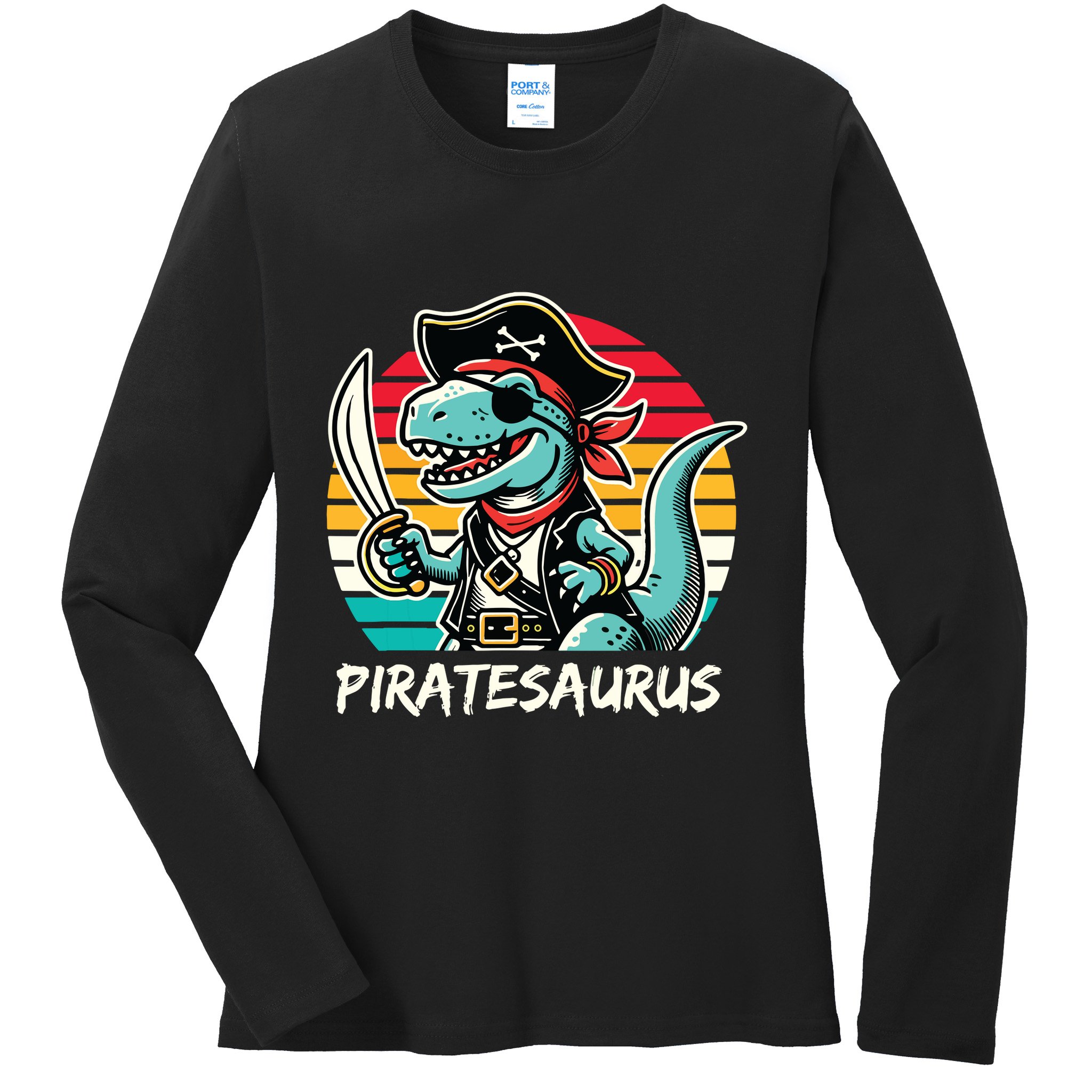 Retro Dinosaur T Rex Pirate Costume Piratesaurus Ladies Long Sleeve Shirt