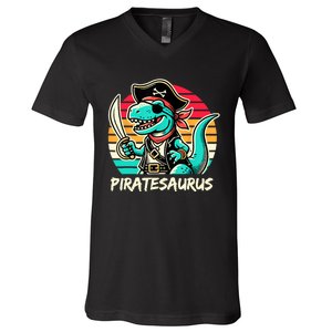 Retro Dinosaur T Rex Pirate Costume Piratesaurus V-Neck T-Shirt