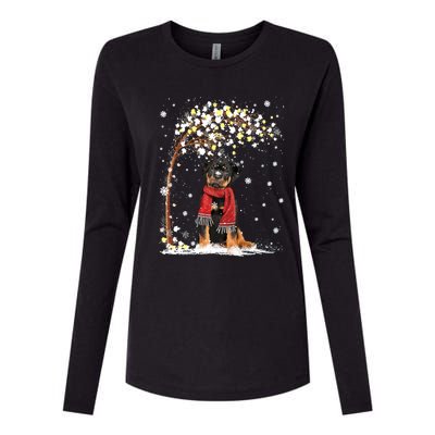 Rottweiler Dog Tree Christmas Snow Pajama Xmas Dog Lover Gift Womens Cotton Relaxed Long Sleeve T-Shirt