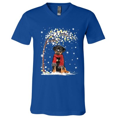 Rottweiler Dog Tree Christmas Snow Pajama Xmas Dog Lover Gift V-Neck T-Shirt