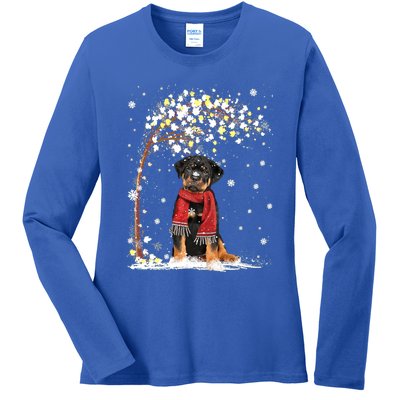 Rottweiler Dog Tree Christmas Snow Pajama Xmas Dog Lover Gift Ladies Long Sleeve Shirt