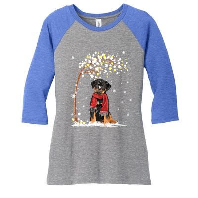 Rottweiler Dog Tree Christmas Snow Pajama Xmas Dog Lover Gift Women's Tri-Blend 3/4-Sleeve Raglan Shirt