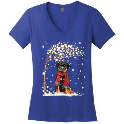 Rottweiler Dog Tree Christmas Snow Pajama Xmas Dog Lover Gift Women's V-Neck T-Shirt