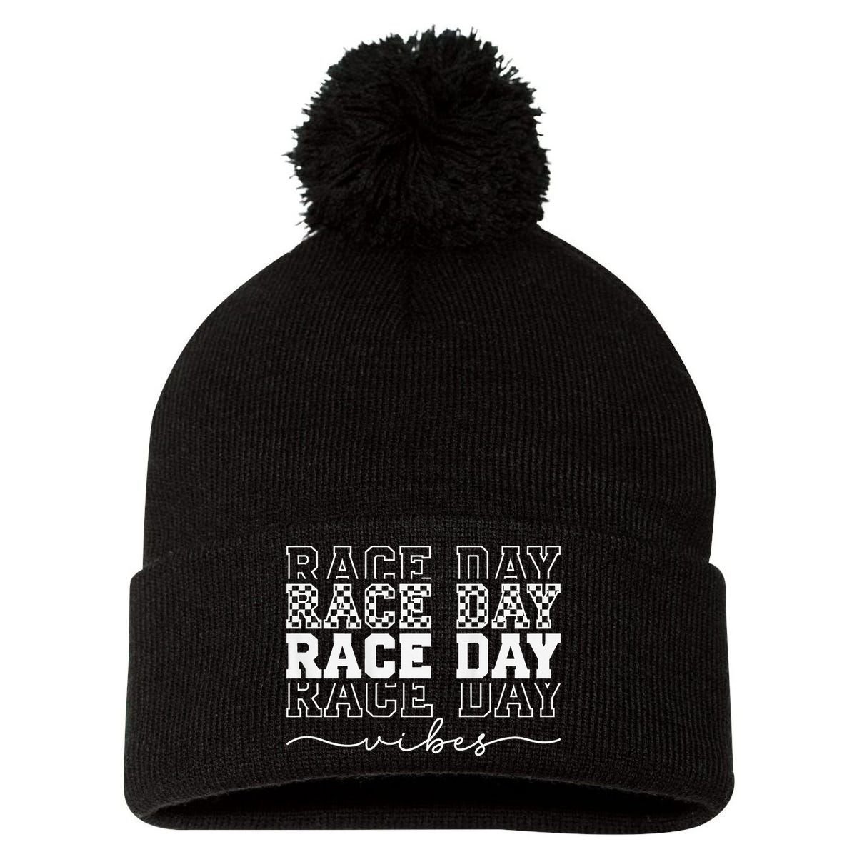 Race Day Vibes Checkered Coquette Bow Car Racing Race Day Pom Pom 12in Knit Beanie
