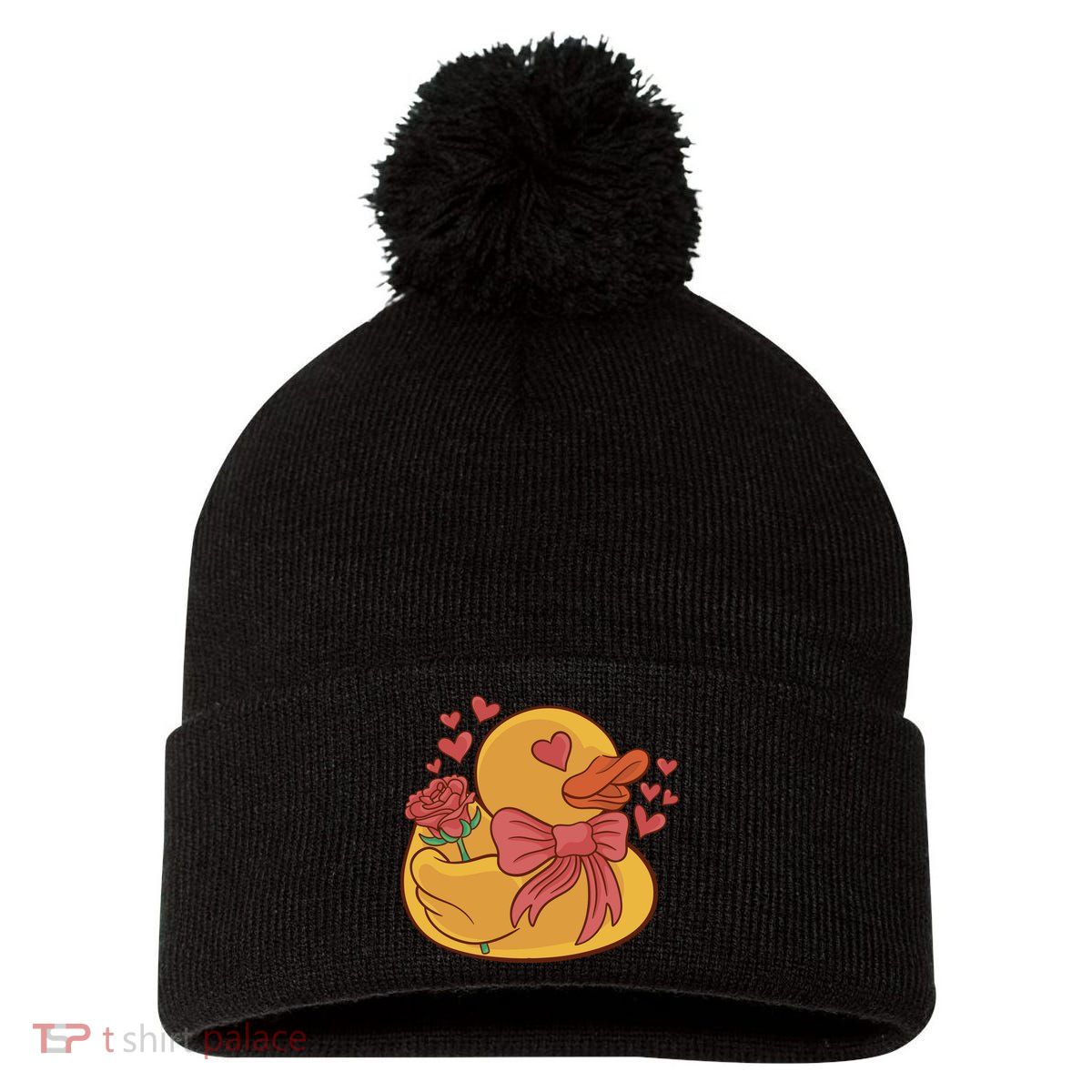 Rubber Duck Valentines Day Rose Cute Pom Pom 12in Knit Beanie