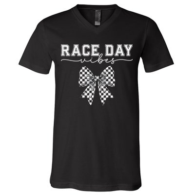 Race Day Vibes Checkered Coquette Bow Car Racing Race Day V-Neck T-Shirt
