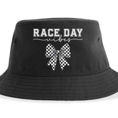 Race Day Vibes Checkered Coquette Bow Car Racing Race Day Sustainable Bucket Hat