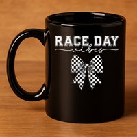 Race Day Vibes Checkered Coquette Bow Car Racing Race Day 11oz C Handle Ceramic Mug