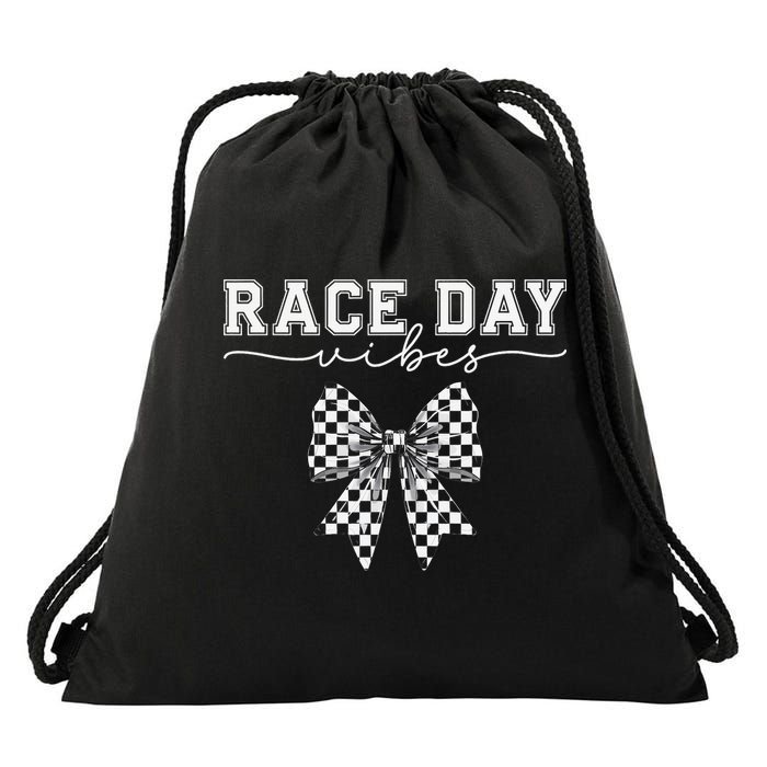 Race Day Vibes Checkered Coquette Bow Car Racing Race Day Drawstring Bag