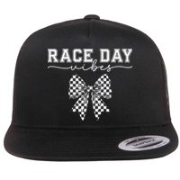 Race Day Vibes Checkered Coquette Bow Car Racing Race Day Flat Bill Trucker Hat