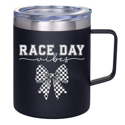 Race Day Vibes Checkered Coquette Bow Car Racing Race Day 12oz Stainless Steel Coffee Mug