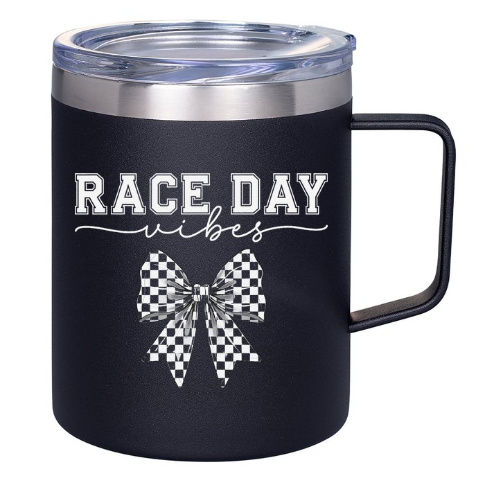 Race Day Vibes Checkered Coquette Bow Car Racing Race Day 12oz Stainless Steel Coffee Mug