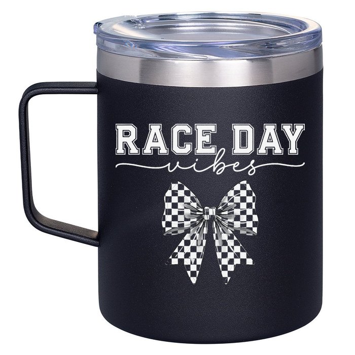 Race Day Vibes Checkered Coquette Bow Car Racing Race Day 12oz Stainless Steel Coffee Mug