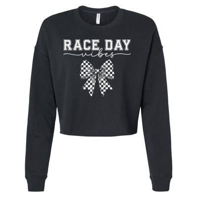 Race Day Vibes Checkered Coquette Bow Car Racing Race Day Cropped Pullover Crew