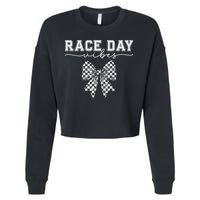 Race Day Vibes Checkered Coquette Bow Car Racing Race Day Cropped Pullover Crew