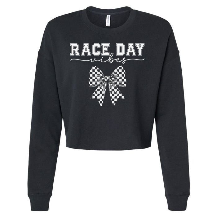 Race Day Vibes Checkered Coquette Bow Car Racing Race Day Cropped Pullover Crew