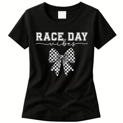 Race Day Vibes Checkered Coquette Bow Car Racing Race Day Womens T-Shirt
