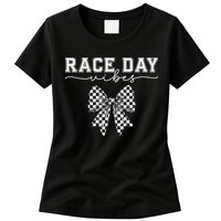 Race Day Vibes Checkered Coquette Bow Car Racing Race Day Womens T-Shirt