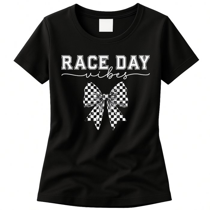 Race Day Vibes Checkered Coquette Bow Car Racing Race Day Womens T-Shirt