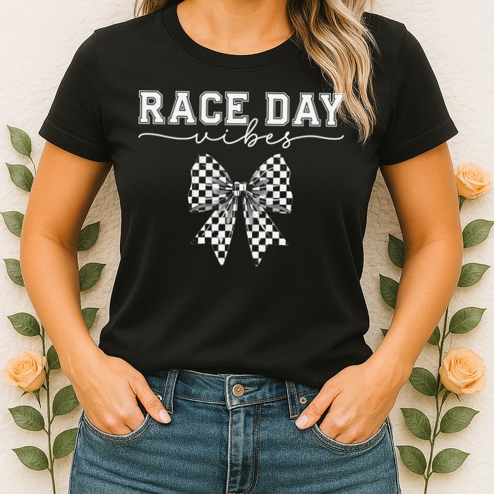 Race Day Vibes Checkered Coquette Bow Car Racing Race Day Womens T-Shirt