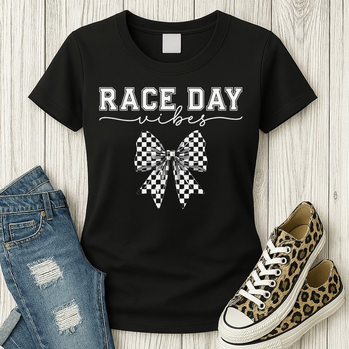 Race Day Vibes Checkered Coquette Bow Car Racing Race Day Womens T-Shirt