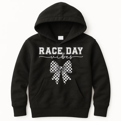 Race Day Vibes Checkered Coquette Bow Car Racing Race Day Kids Hoodie