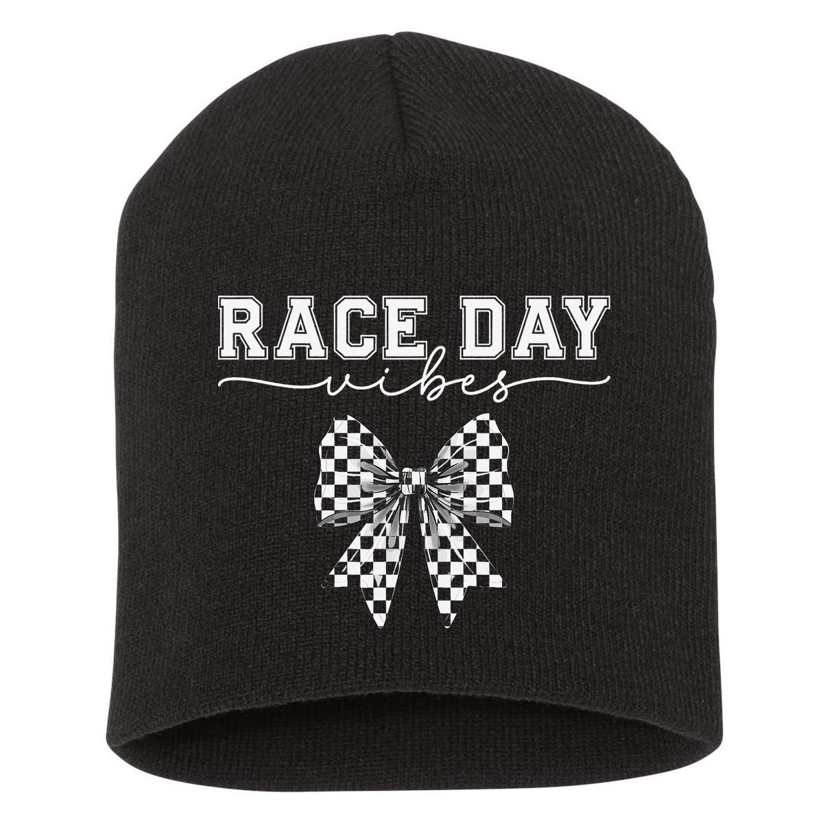 Race Day Vibes Checkered Coquette Bow Car Racing Race Day Short Acrylic Beanie
